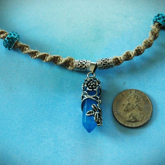 Flower Wrapped Blue Hexagonal Healing Crystal on a Handmade 22" Brown Hemp Chain - Picture 5 of 7